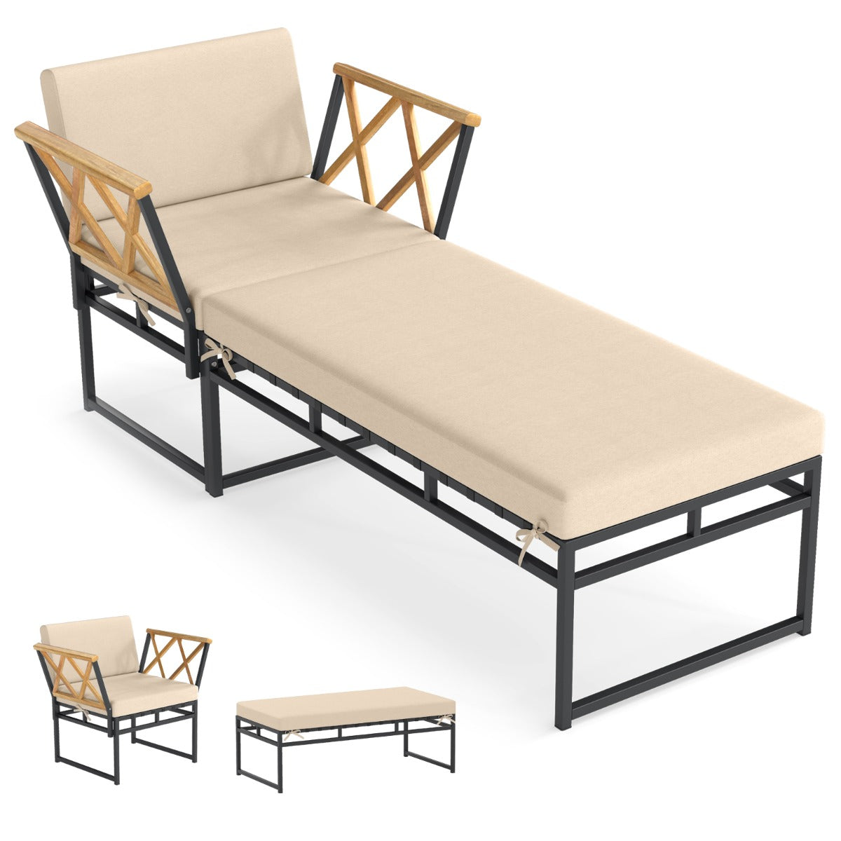 Livsk costway 2 delige tuinmeubelset buitenligstoel met metalen frame kussens en armleuningen van acaciahout