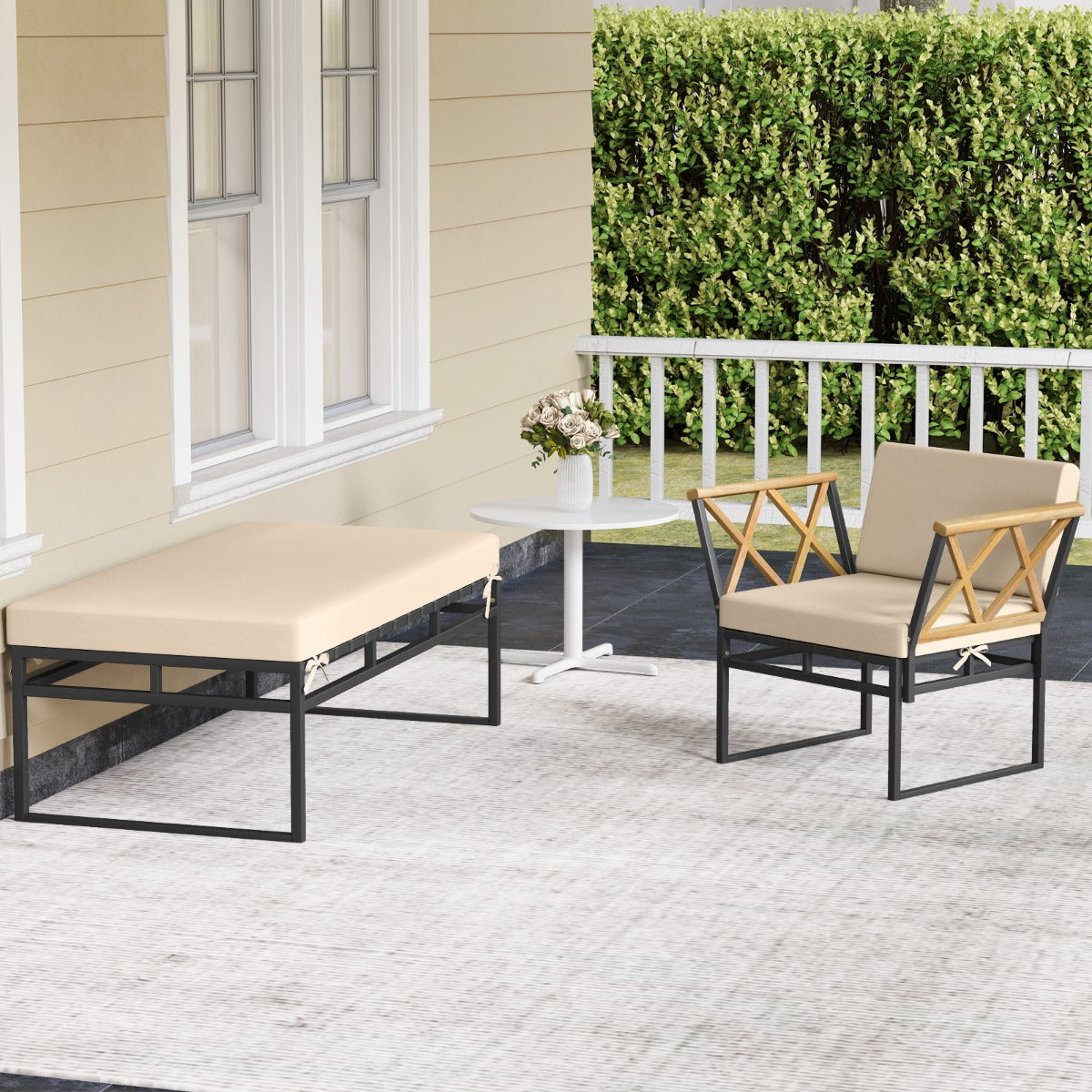 Livsk costway 2 delige tuinmeubelset buitenligstoel met metalen frame kussens en armleuningen van acaciahout