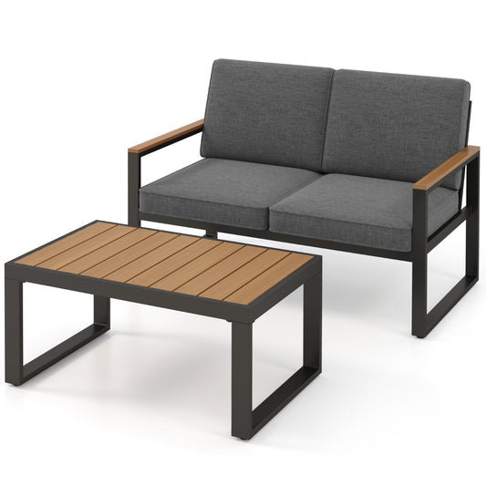 LIVSK Aluminium Terrasmeubelset - Loveseat met Verstelbare Rugleuning - Dikke Kussens en Stabiel Frame - Tot 360 kg - Grijs