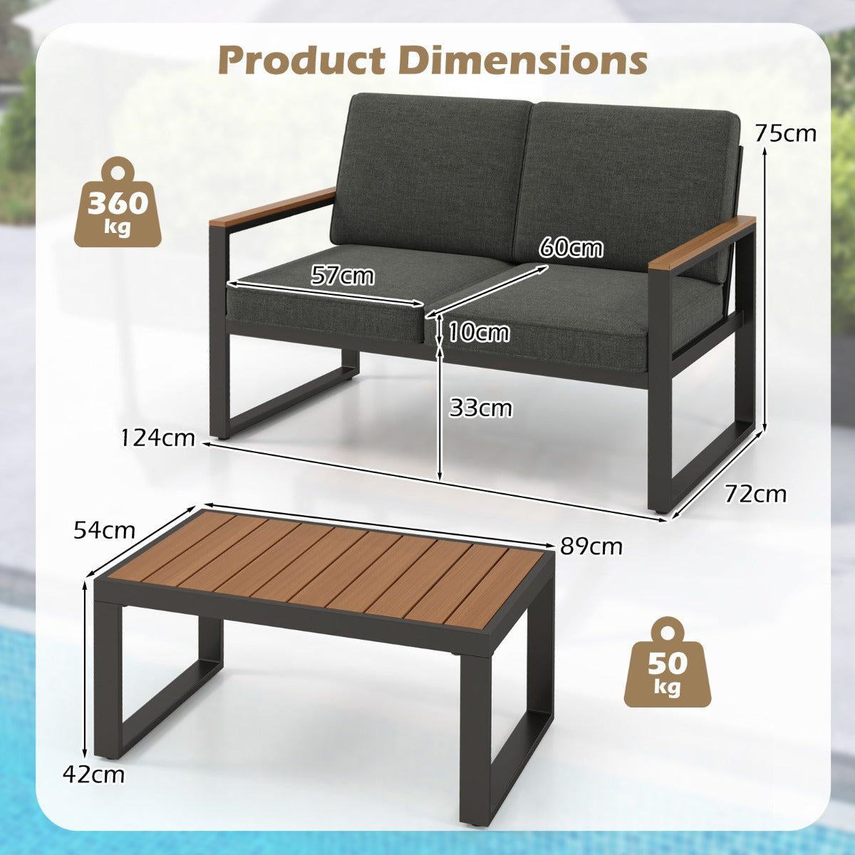 LIVSK Aluminium Terrasmeubelset - Loveseat met Verstelbare Rugleuning - Dikke Kussens en Stabiel Frame - Tot 360 kg - Grijs
