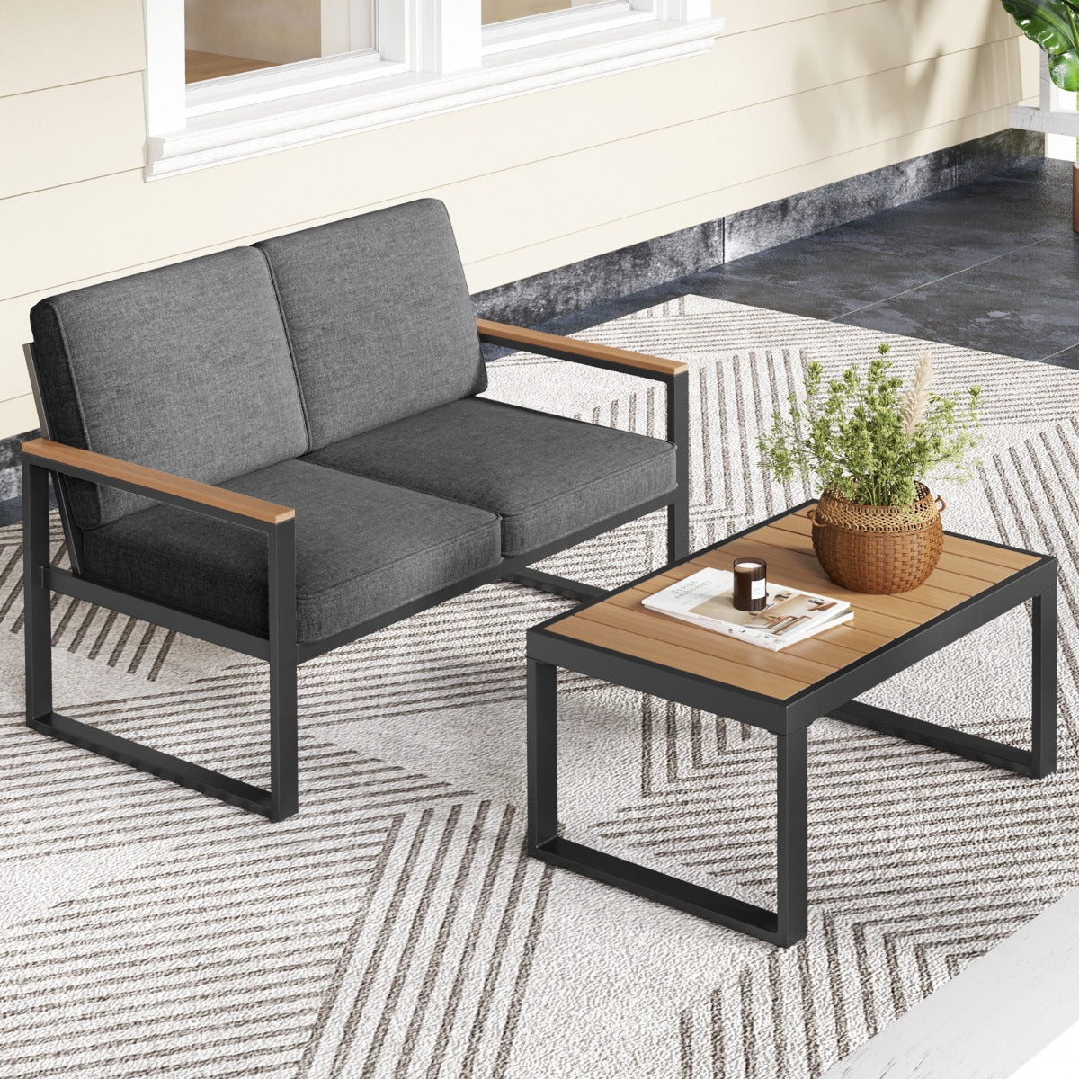 LIVSK Aluminium Terrasmeubelset - Loveseat met Verstelbare Rugleuning - Dikke Kussens en Stabiel Frame - Tot 360 kg - Grijs