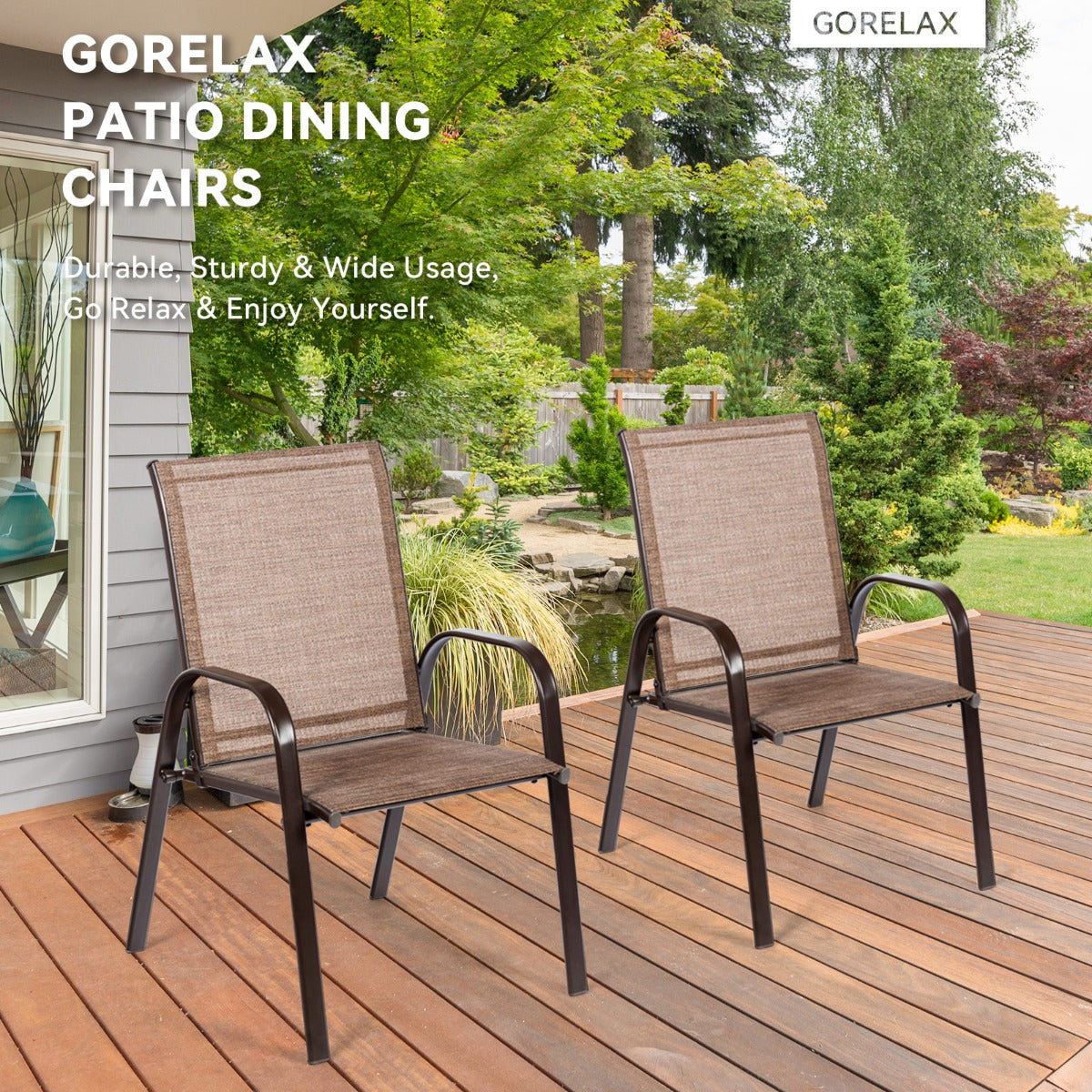 LIVSK Tuinstoelenset - Comfortabele Stoelen met Armleuningen - Sneldrogende Stof - Roestvrij Metalen Frame - Tot 200 kg - Bruin