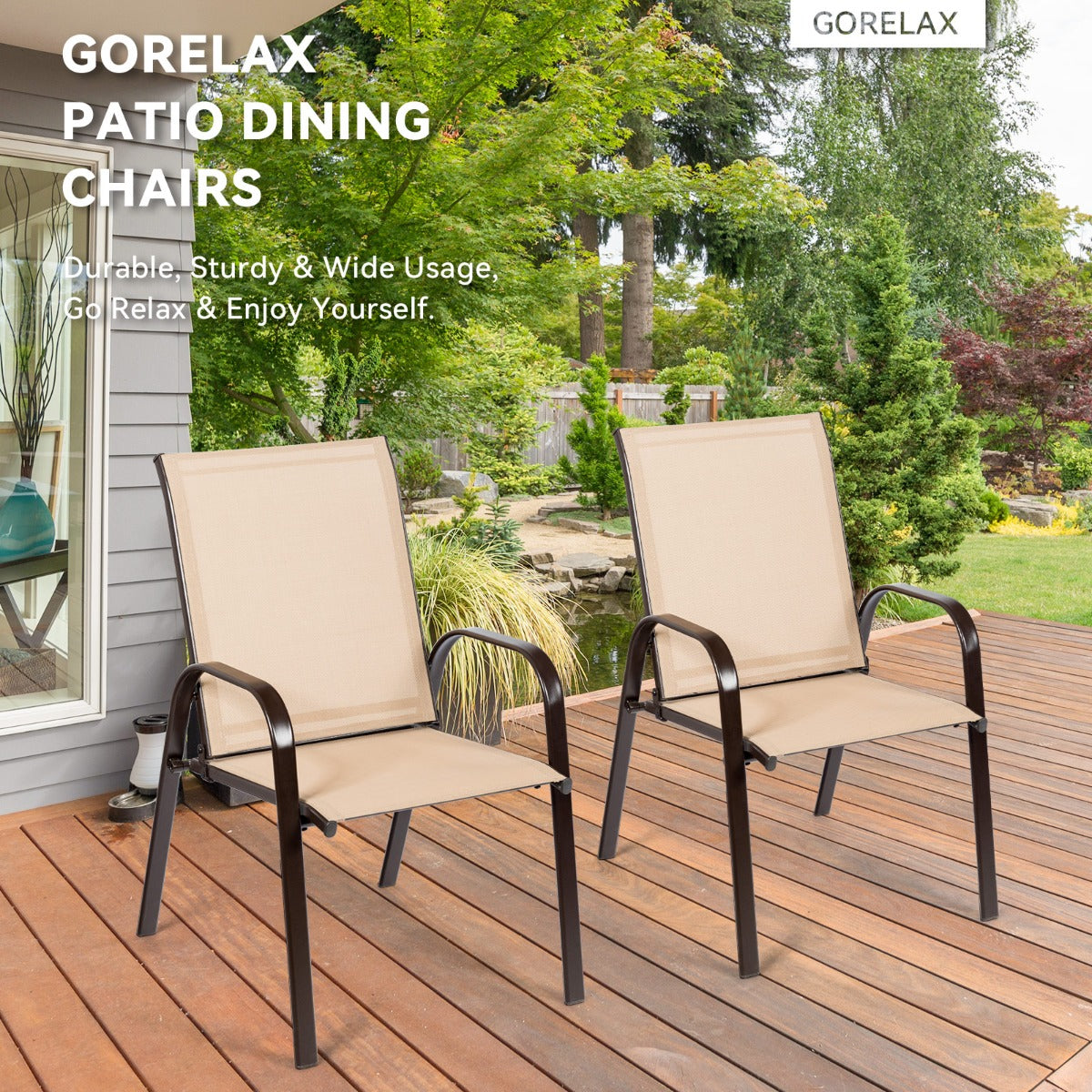 LIVSK Tuinstoelen - Ultracomfortabel met Hoge Rugleuning - Ademend en Sneldrogend - Roestvrijstalen Frame - Tot 200 kg - Beige