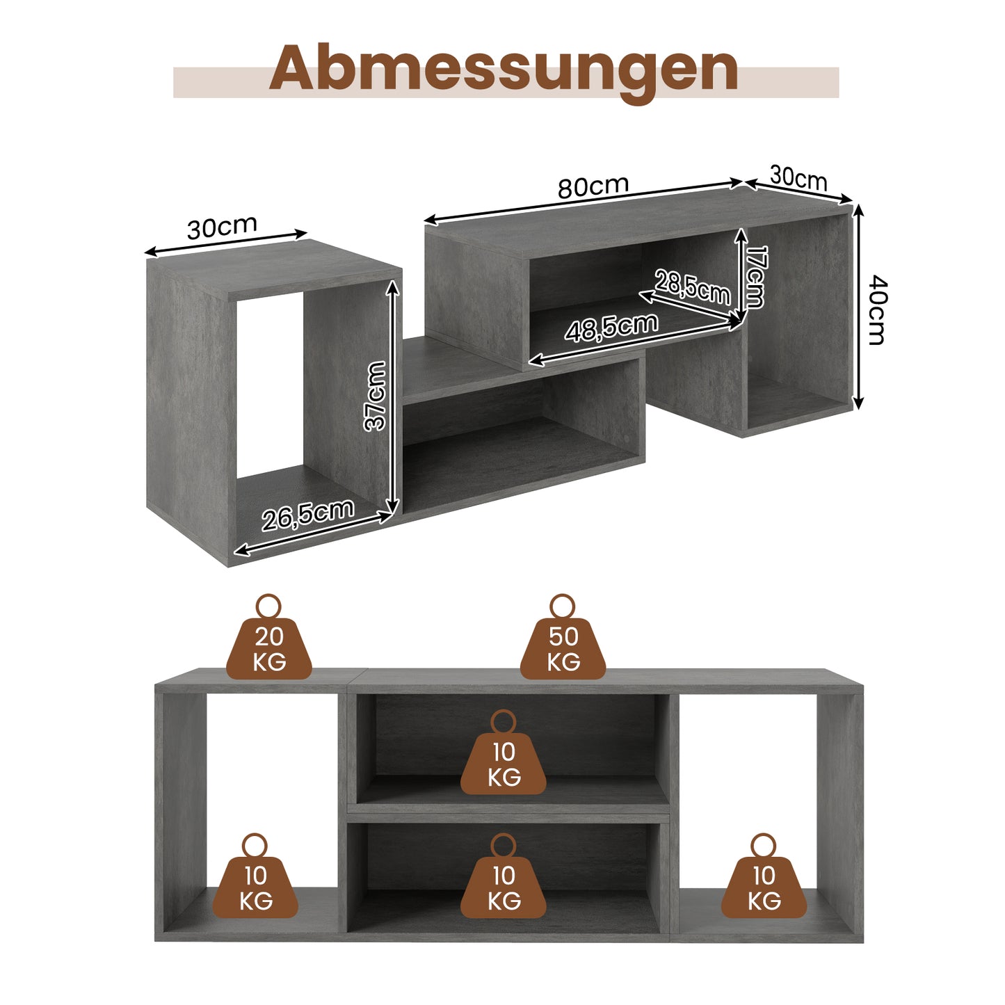 LIVSK Modulaire TV - Stand - Geschikt voor Televisies tot 60 inch - 2 Aanpasbare L - vormige Planken - Veelzijdig Gebruik - Grijs