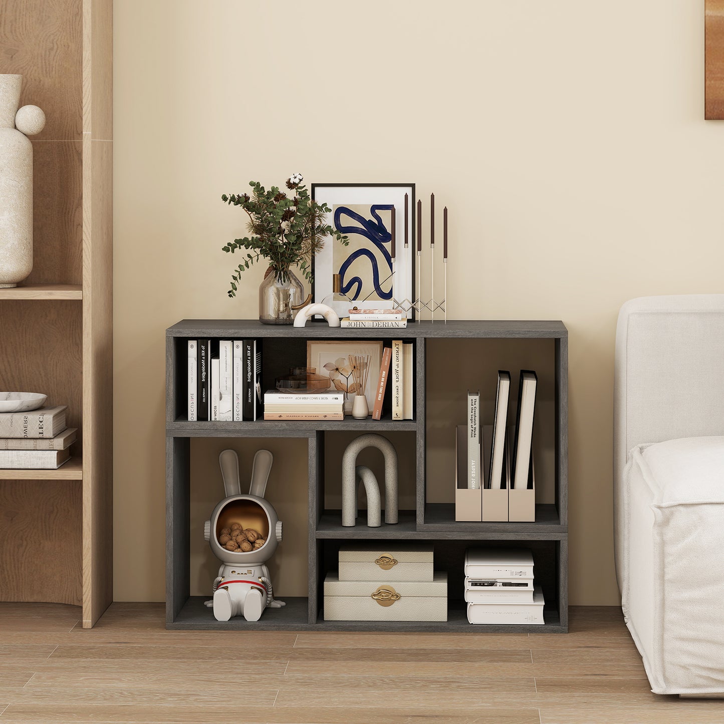 LIVSK Modulaire TV - Stand - Geschikt voor Televisies tot 60 inch - 2 Aanpasbare L - vormige Planken - Veelzijdig Gebruik - Grijs
