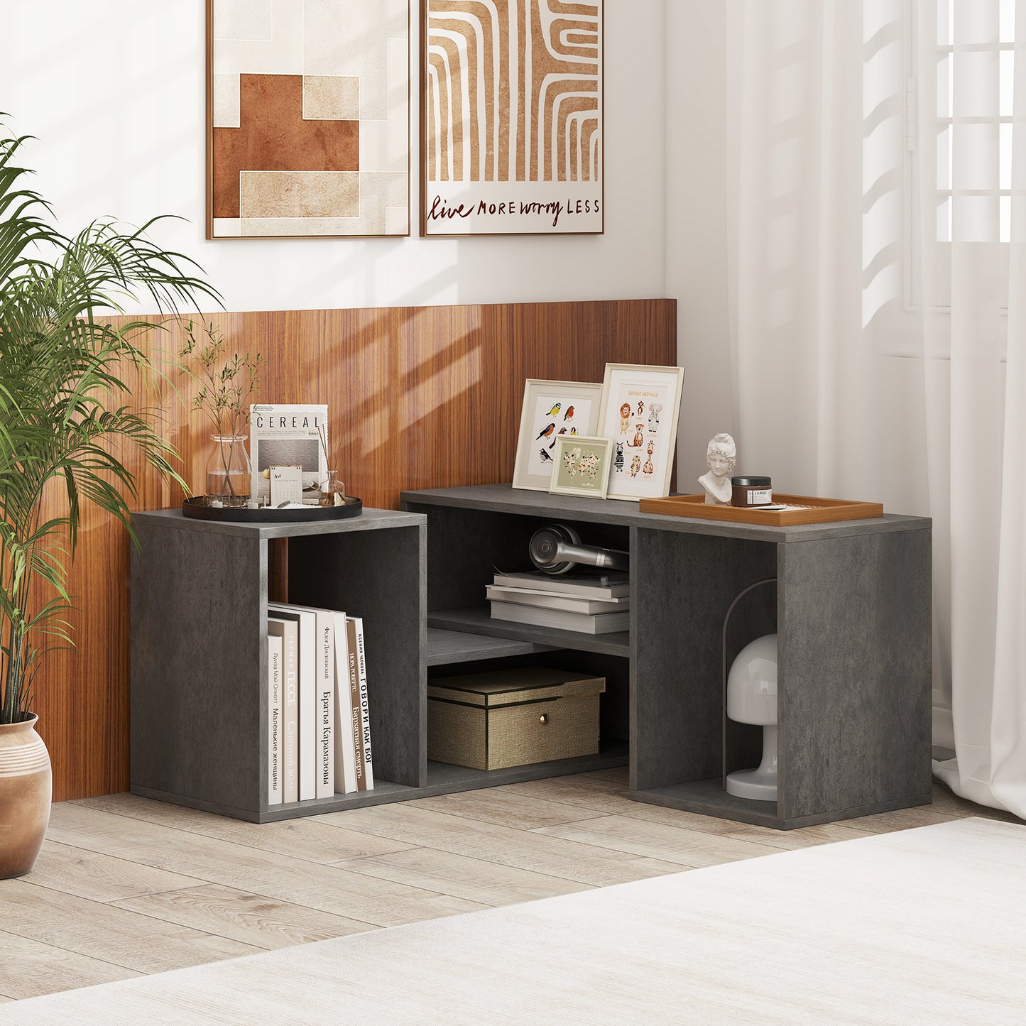LIVSK Modulaire TV - Stand - Geschikt voor Televisies tot 60 inch - 2 Aanpasbare L - vormige Planken - Veelzijdig Gebruik - Grijs