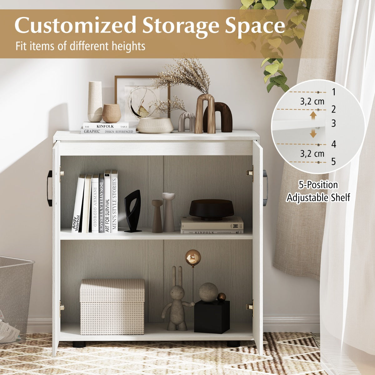 LIVSK Verstelbare Opbergkast - Ruimtebesparend Dressoir - Tot 80 kg Draagvermogen - Stevige Constructie - 80 x 31,5 x 82 cm - Wit