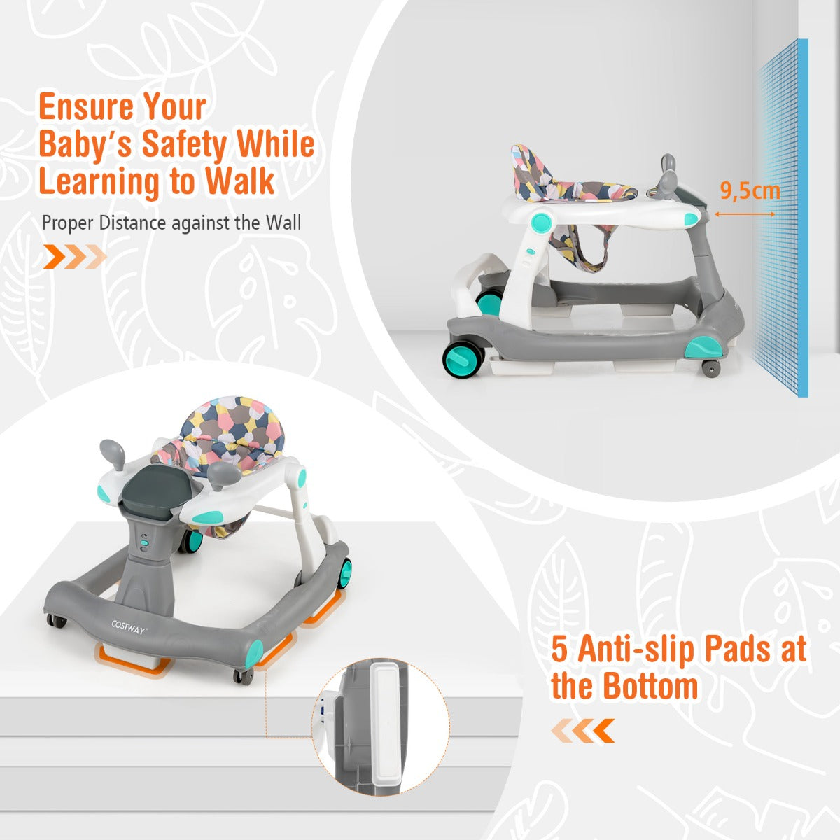 LIVSK 2-in-1 Baby Loopstoel - Verstelbare Hoogte en Snelheid - Veiligheidsbumper - Muziekdoosje - Opvouwbaar - Grijs