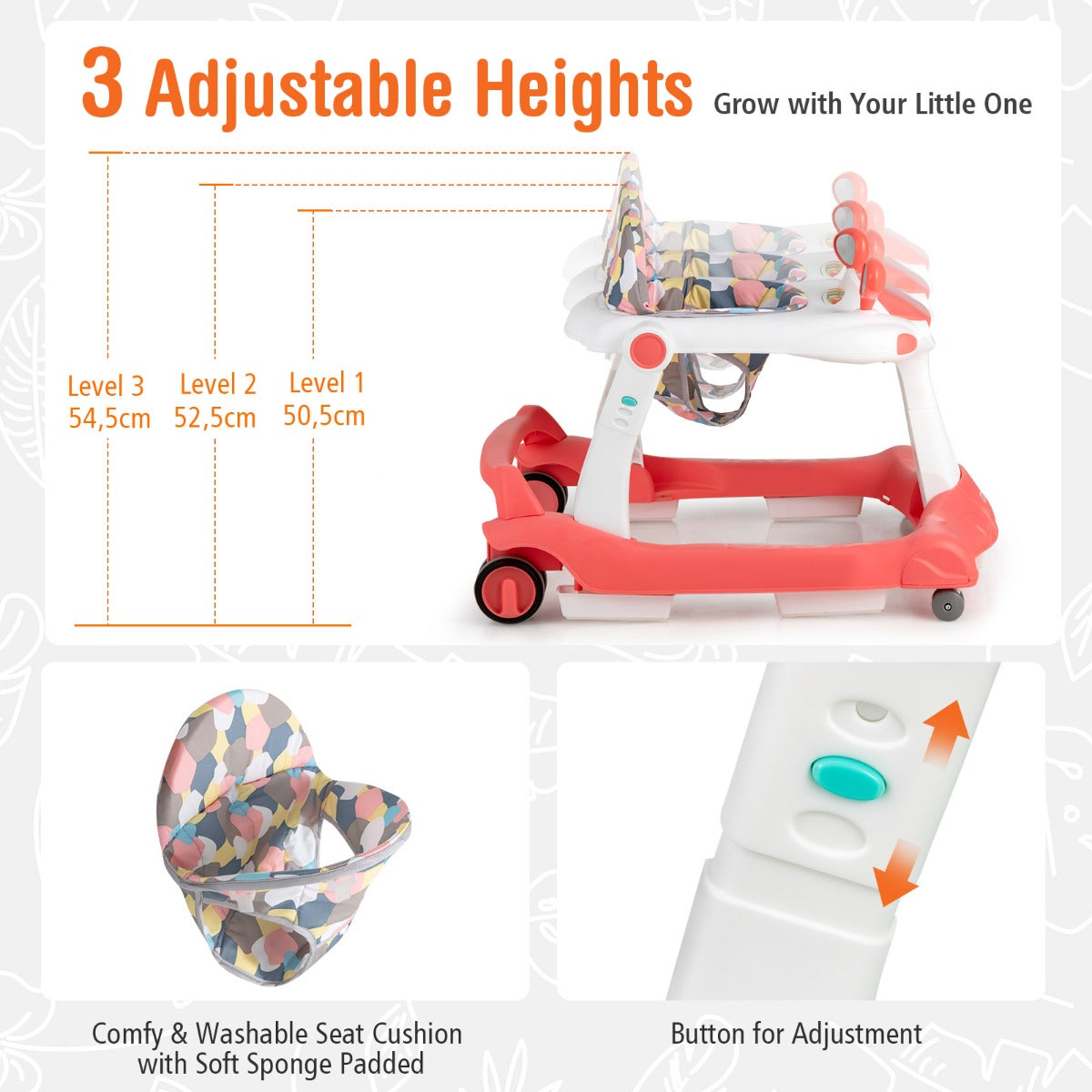LIVSK 2-in-1 Baby Loopstoel - Verstelbare Hoogte & Snelheid - Veiligheidsbumper - Interactief Speelgoed - Tot 15 kg - Geel