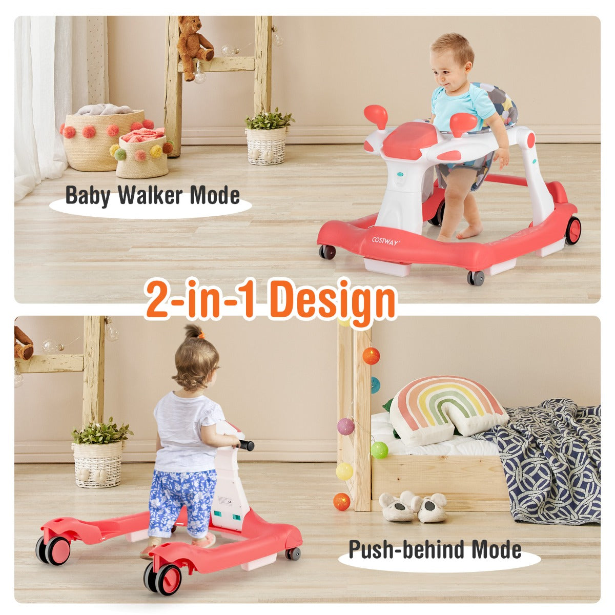 LIVSK 2-in-1 Baby Loopstoel - Verstelbare Hoogte & Snelheid - Veiligheidsbumper - Interactief Speelgoed - Tot 15 kg - Geel