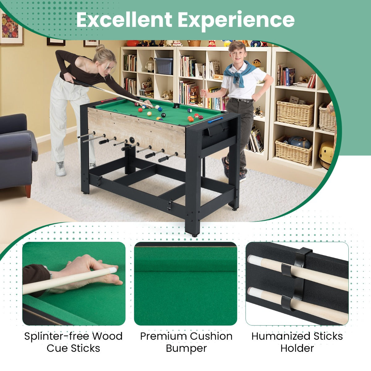 Livsk costway 2 in 1 draaibare multitafel combinatie van tafelvoetbal en biljarttafel 122 cm met 2 ballen keuen driehoek borstel krijt arcade tafel 6