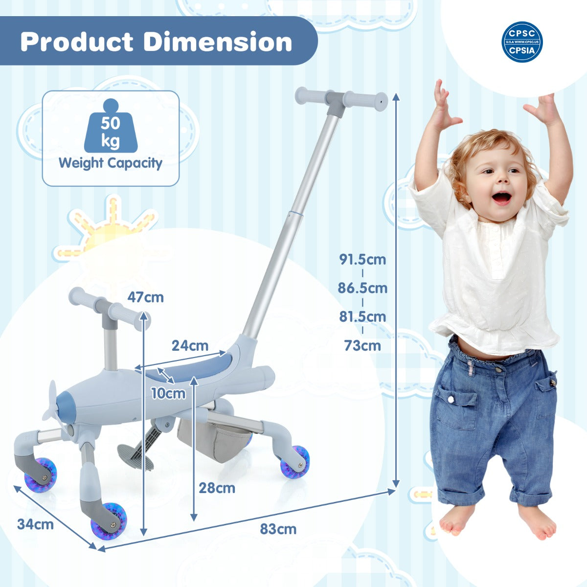 LIVSK 2-in-1 Duwauto voor Kinderen - Vliegtuigthema - Verstelbare Handgreep - LED Verlichting - Tot 50 kg - Blauw