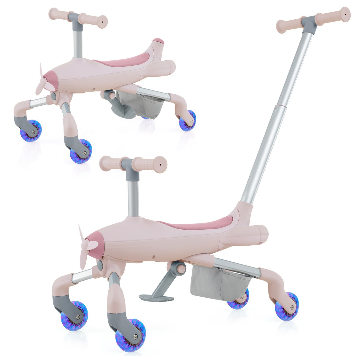 LIVSK 2-in-1 Duwauto voor Kinderen - Verstelbare Handgreep - LED Verlichting - Opbergmand - Tot 50 kg - Roze