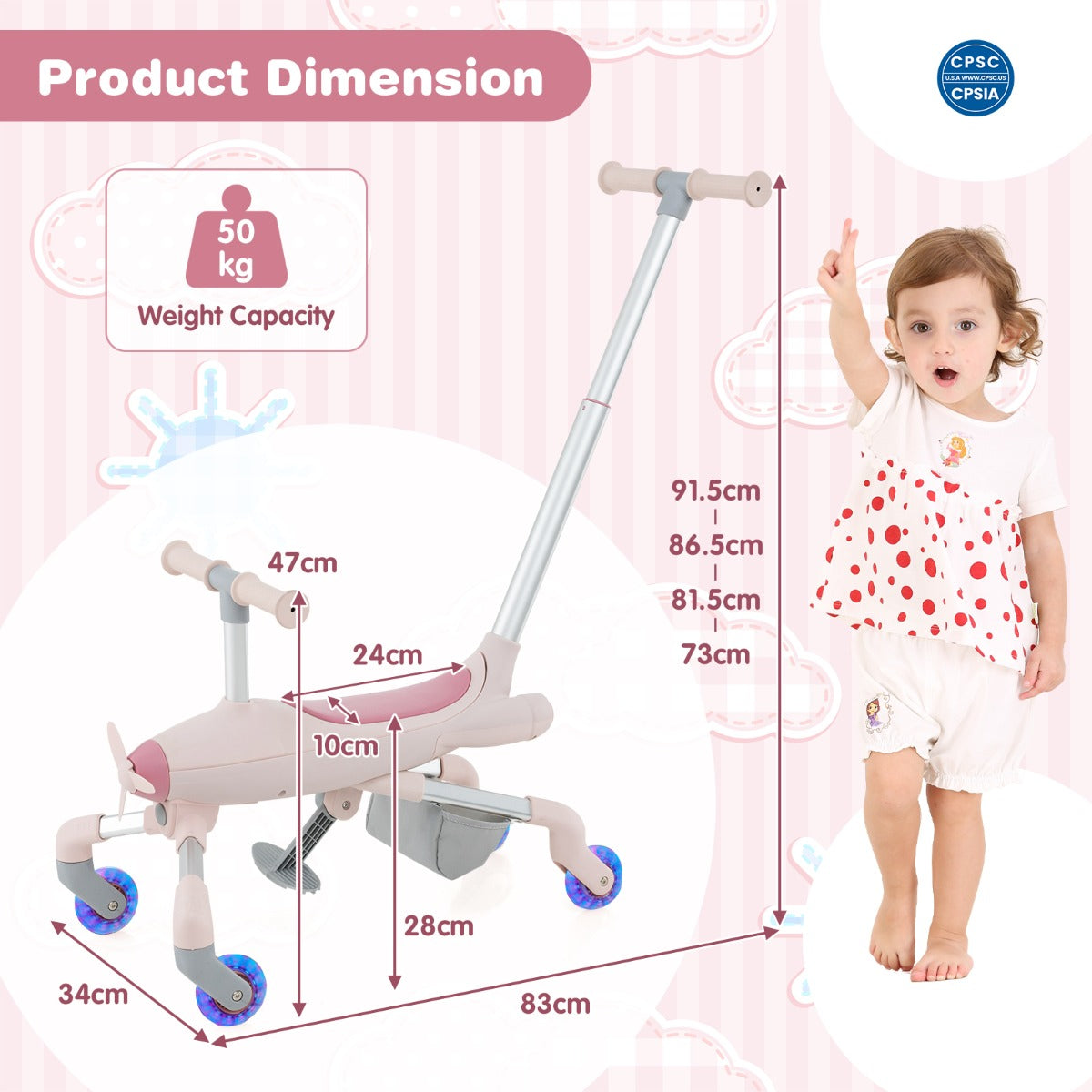 LIVSK 2-in-1 Duwauto voor Kinderen - Verstelbare Handgreep - LED Verlichting - Opbergmand - Tot 50 kg - Roze