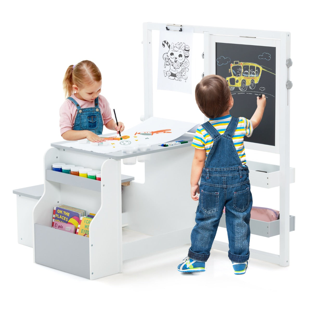 LIVSK Kinderkunstcentrum - Tafel, Bankje en Dubbelzijdige Ezel - Inclusief Kunstbenodigdheden - Veilig Houten Constructie - Wit +