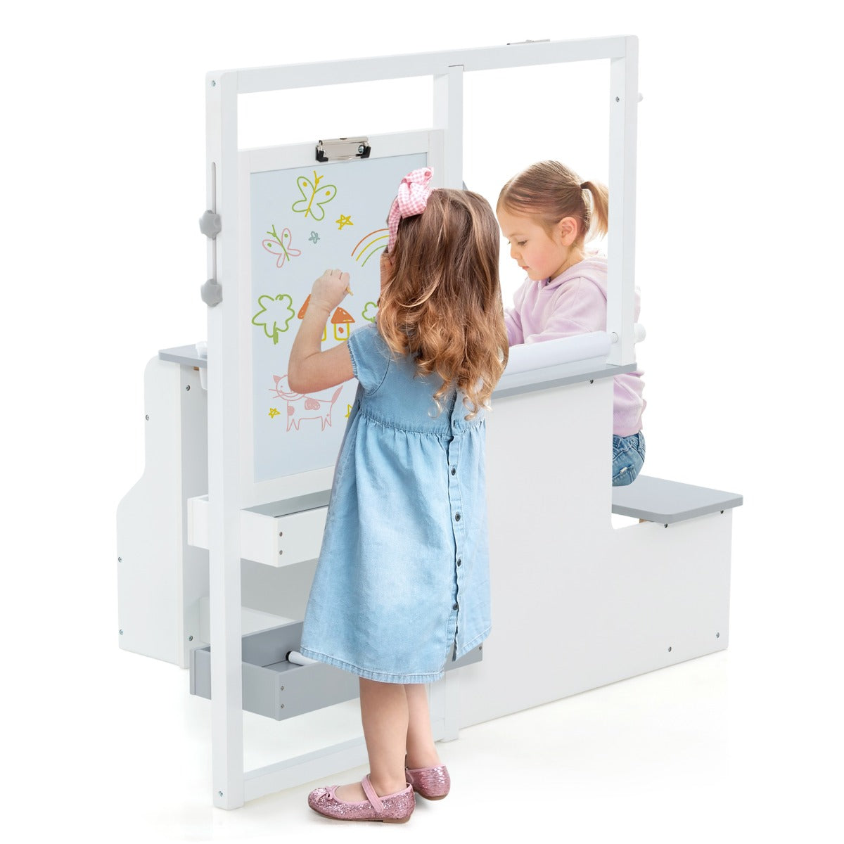 LIVSK Kinderkunstcentrum - Tafel, Bankje en Dubbelzijdige Ezel - Inclusief Kunstbenodigdheden - Veilig Houten Constructie - Wit +
