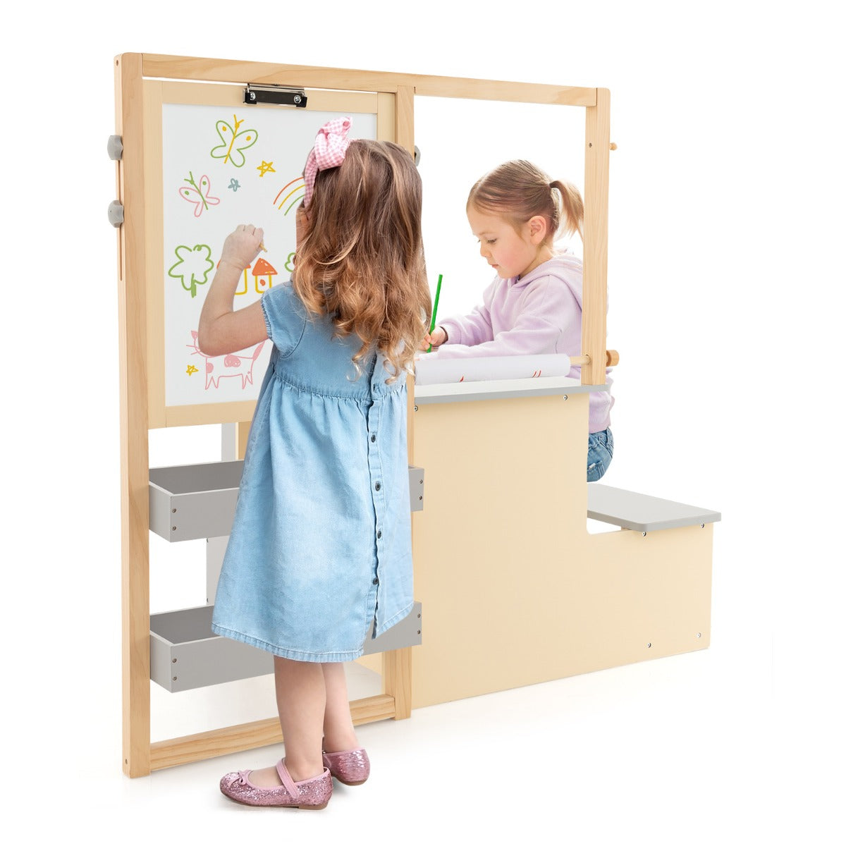 LIVSK Kinderkunstcentrum met Tafel en Bankje - Dubbelzijdige Ezel met Schoolbord en Whiteboard - Inclusief Kunstbenodigdheden -