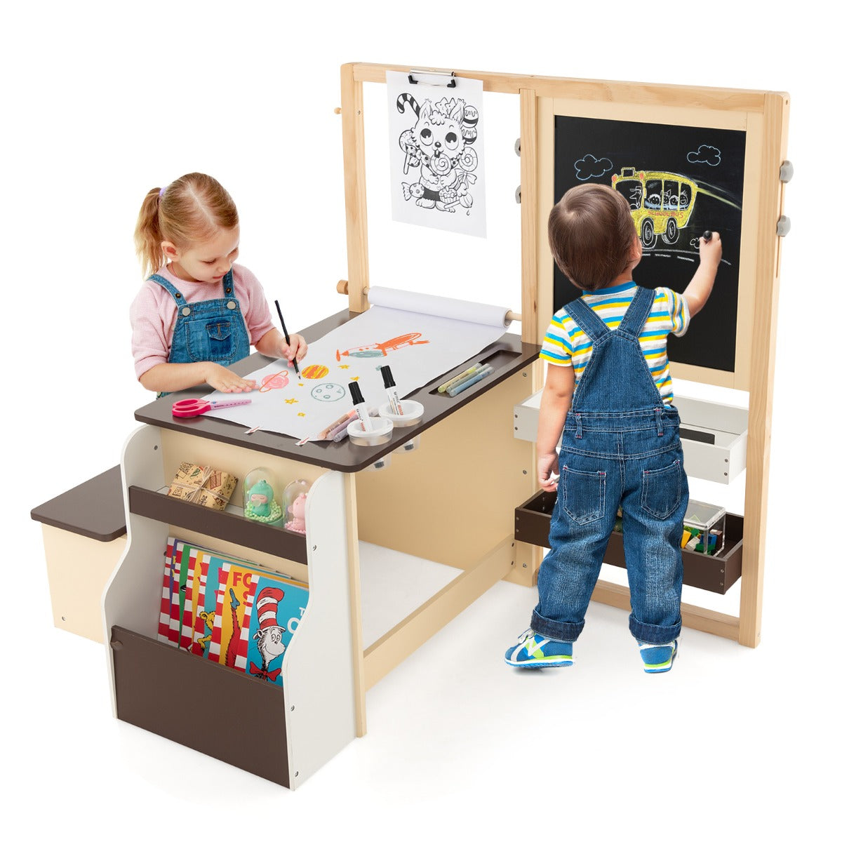 LIVSK Kinderkunstcentrum met Tafel en Bankje - Dubbelzijdige Schildersezel - Inclusief Kunstbenodigdheden - Voor Kinderen 3+ -
