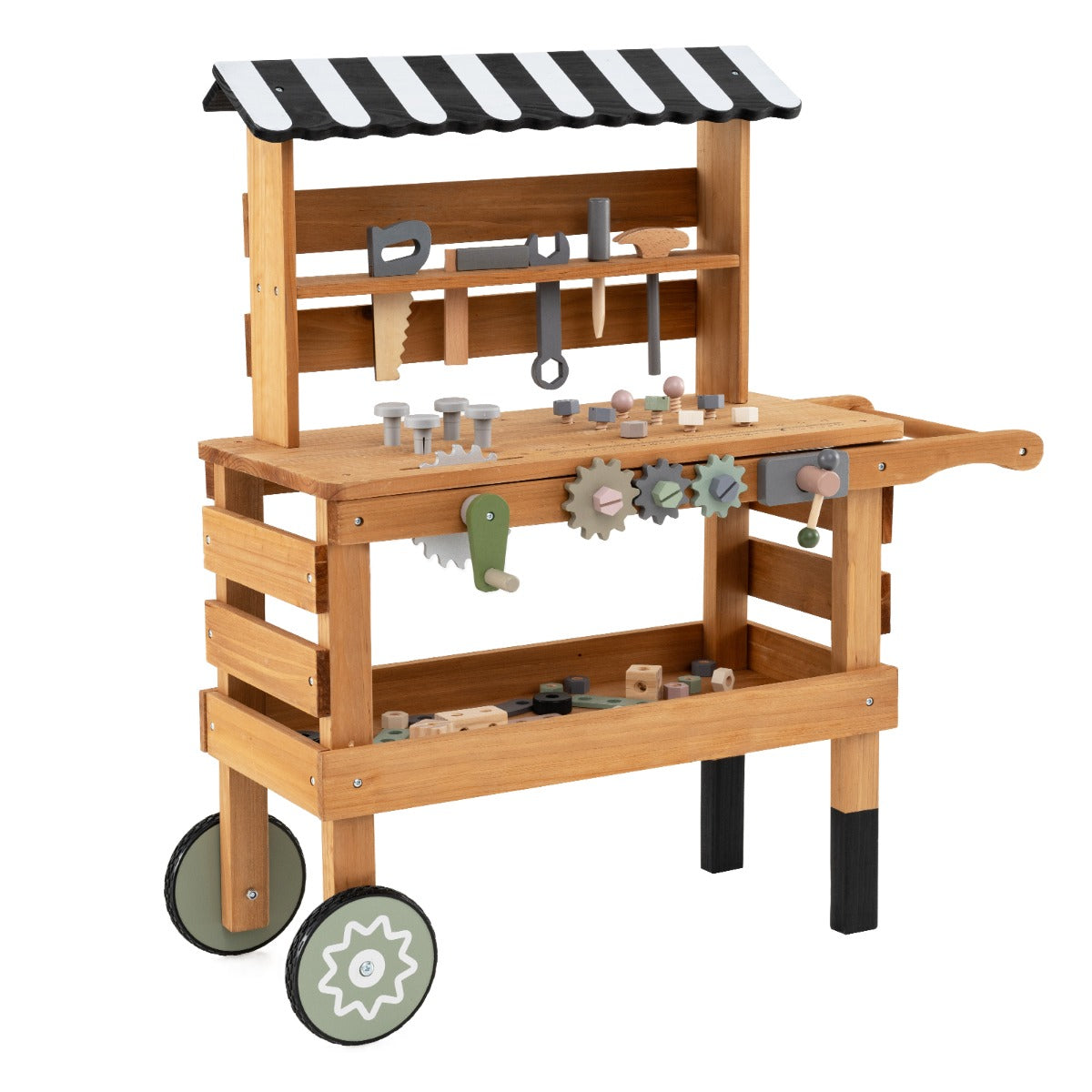 Livsk costway 2 in 1 houten kinderwagen en werkbank speelwerkstation compleet met realistisch gereedschap en accessoires 1 1