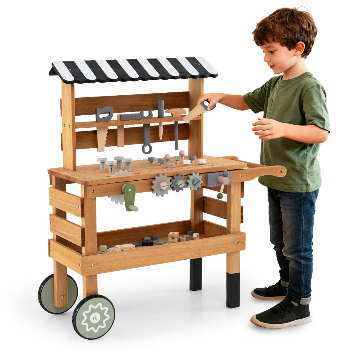Livsk costway 2 in 1 houten kinderwagen en werkbank speelwerkstation compleet met realistisch gereedschap en accessoires