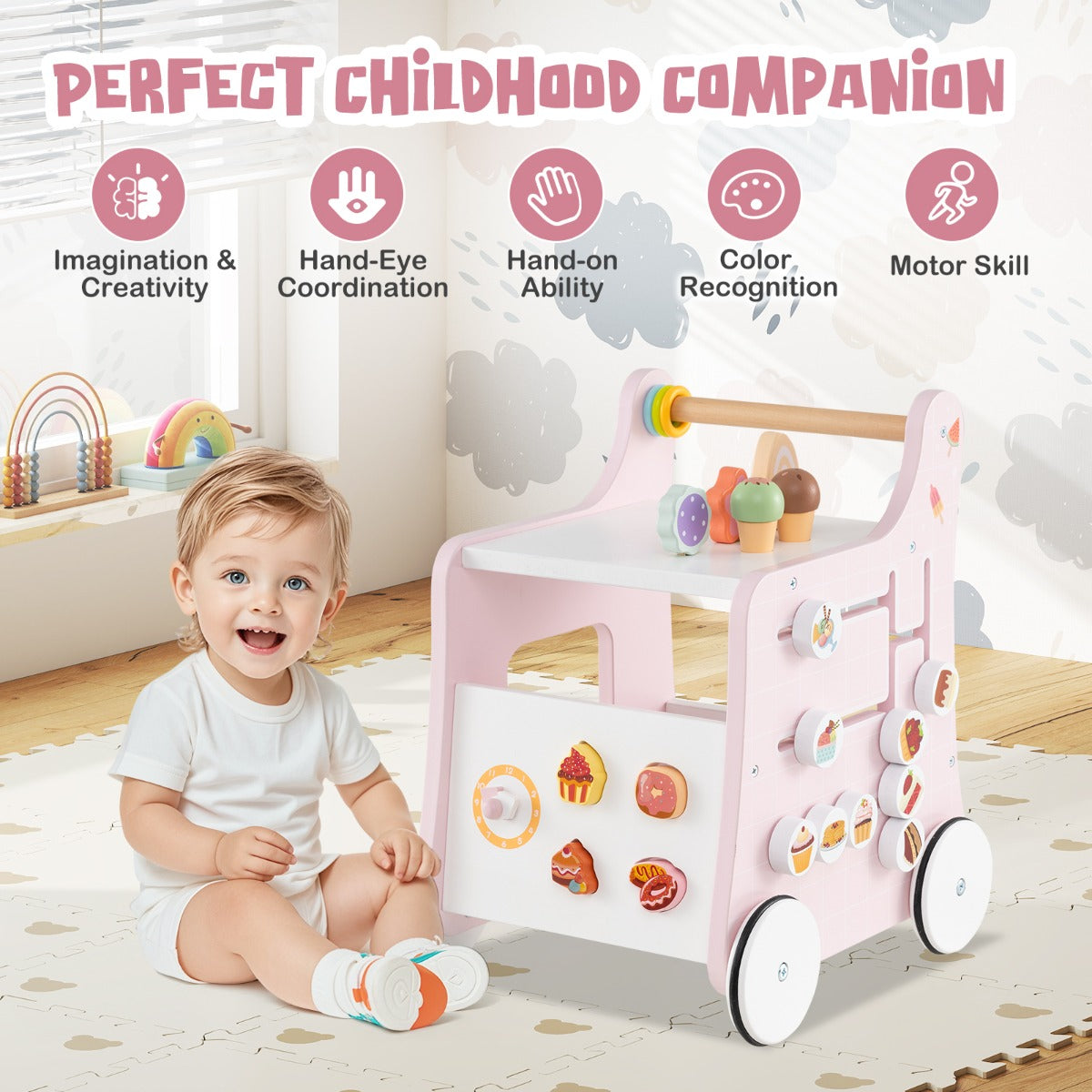 LIVSK Multifunctionele Babyloopwagen - Veilig MDF met Antislipwielen - Kleurrijke Activiteiten - Opbergruimte - Voor Kinderen