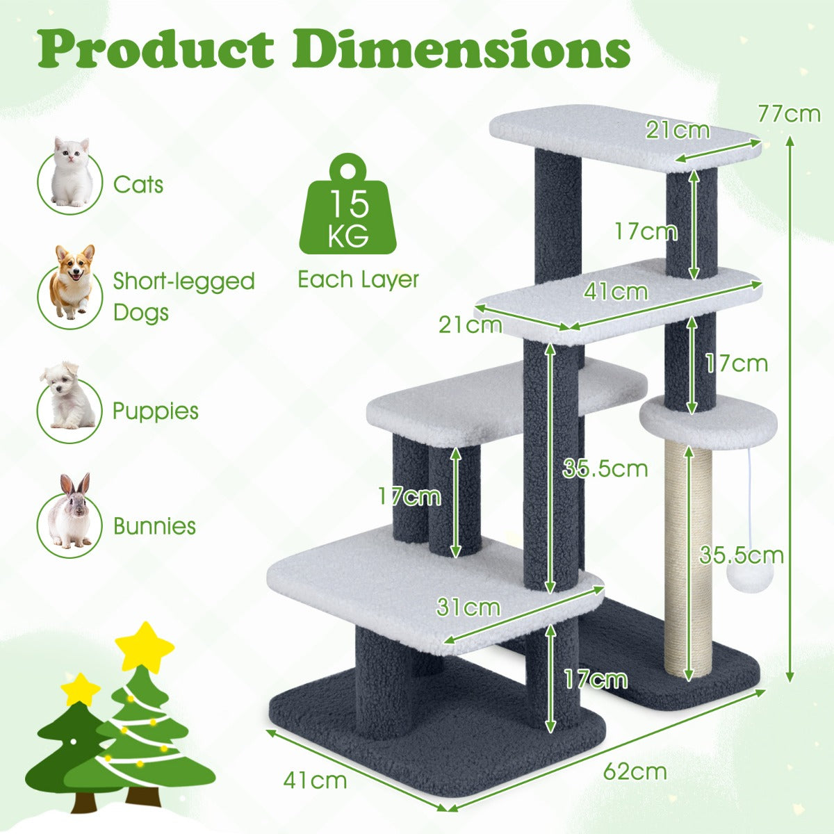 Livsk costway 2 in 1 katten toren katten trap met sisal krabpaal 3 grote platforms 4 traps kattenboom voor hoog bed kattenkrabpaal 1 1