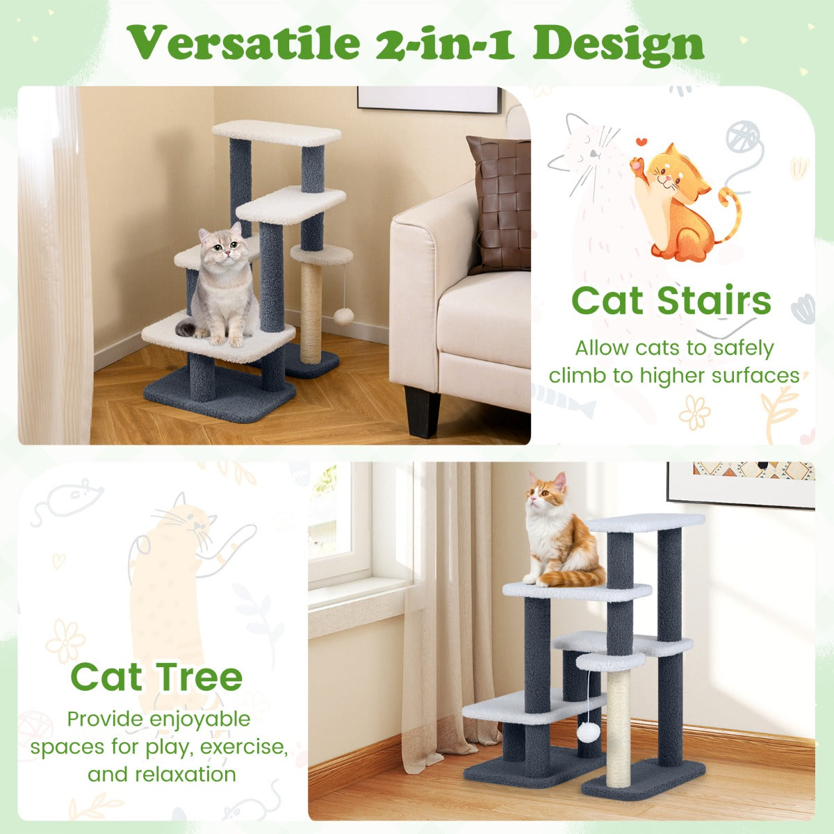 Livsk costway 2 in 1 katten toren katten trap met sisal krabpaal 3 grote platforms 4 traps kattenboom voor hoog bed kattenkrabpaal 4