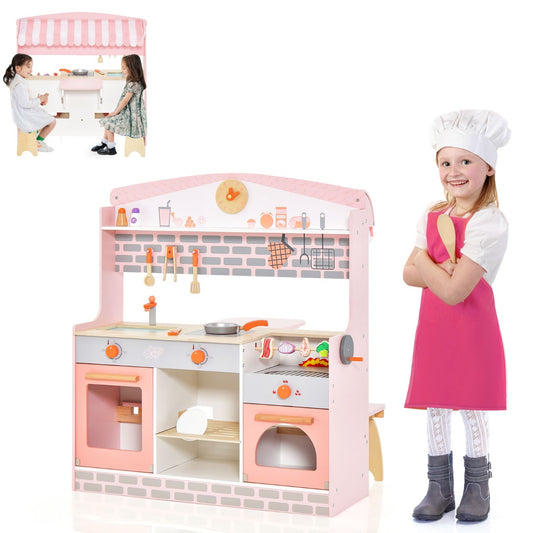 LIVSK Dubbelzijdige Speelkeuken - 2-in-1 Keuken en Eethoek - Realistische Accessoires - Veilig MDF - Voor Kinderen 3-8 Jaar - Roze