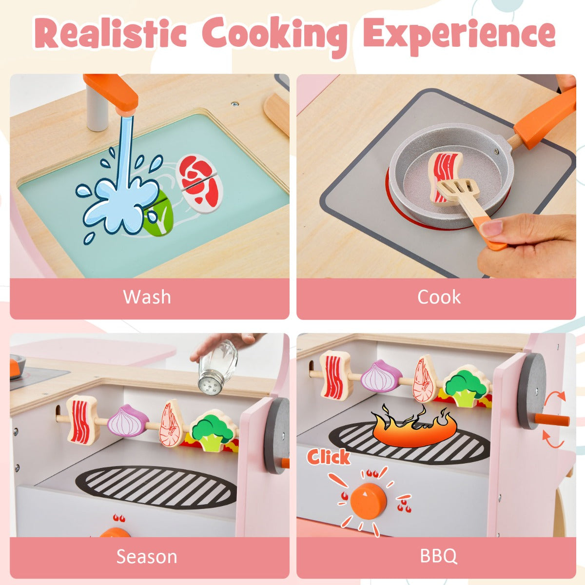 LIVSK Dubbelzijdige Speelkeuken - 2-in-1 Keuken en Eethoek - Realistische Accessoires - Veilig MDF - Voor Kinderen 3-8 Jaar - Roze