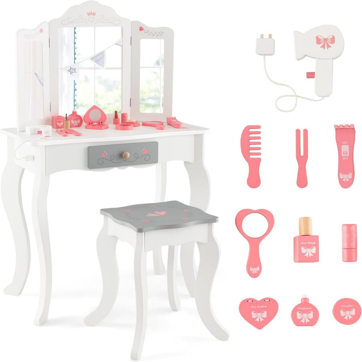 LIVSK 2-in-1 Make-uptafelset voor Kinderen - Afneembare Drievoudige Spiegel - Inclusief 10 Accessoires - Veilig en Stevig - Wit