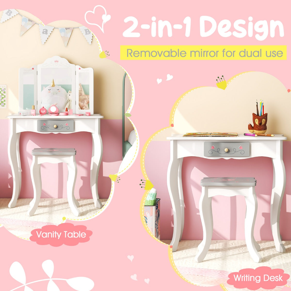 LIVSK 2-in-1 Make-uptafelset voor Kinderen - Afneembare Drievoudige Spiegel - Inclusief 10 Accessoires - Veilig en Stevig - Wit
