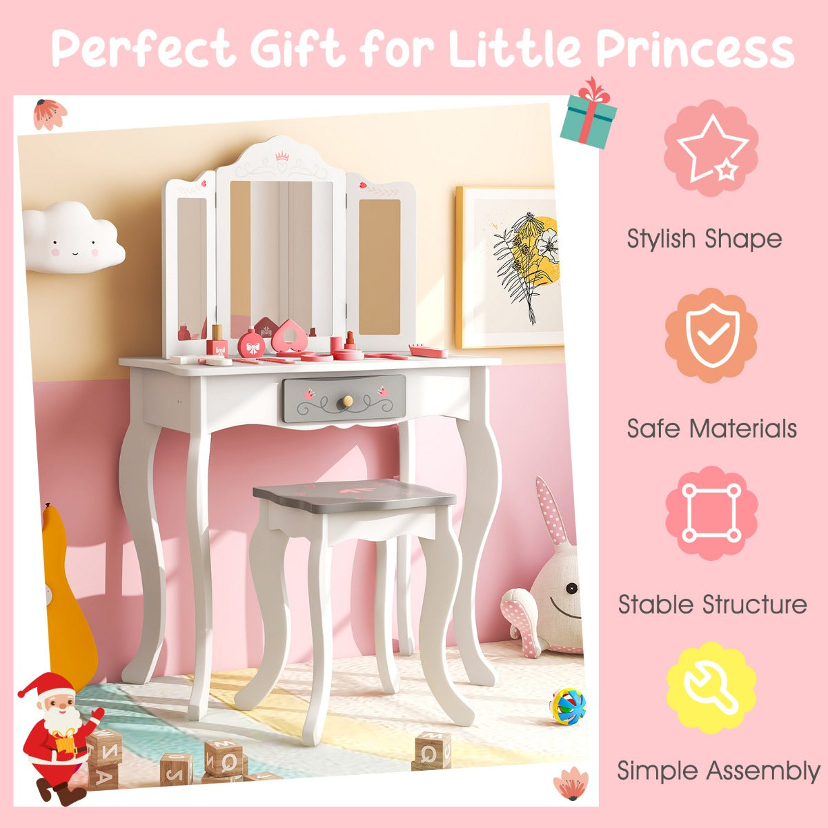LIVSK 2-in-1 Make-uptafelset voor Kinderen - Afneembare Drievoudige Spiegel - Inclusief 10 Accessoires - Veilig en Stevig - Wit