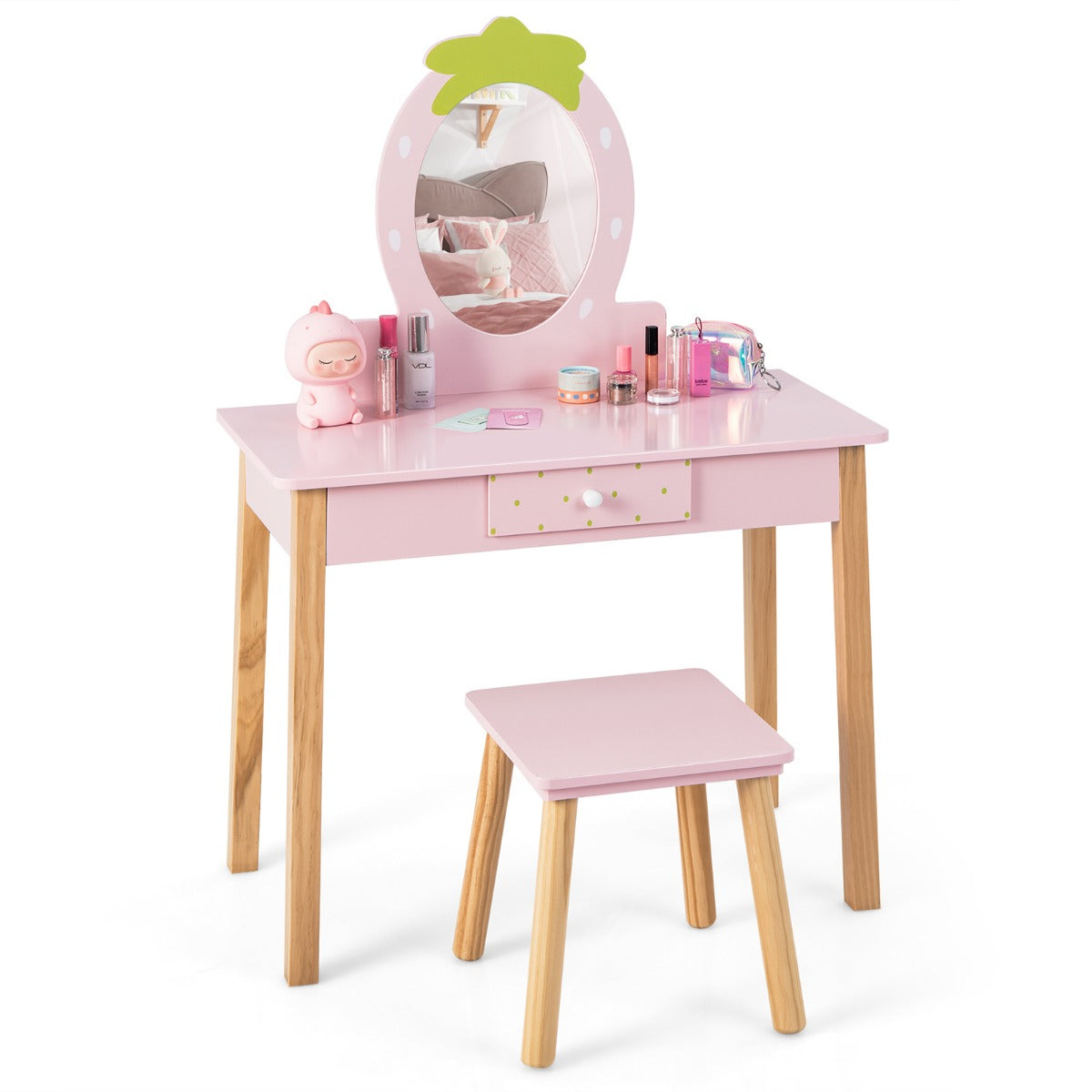 Livsk costway 2 in 1 kinder kaptafel set kinderen houten kaptafel set met krukje spiegel in aardbeivorm praktische lade roze