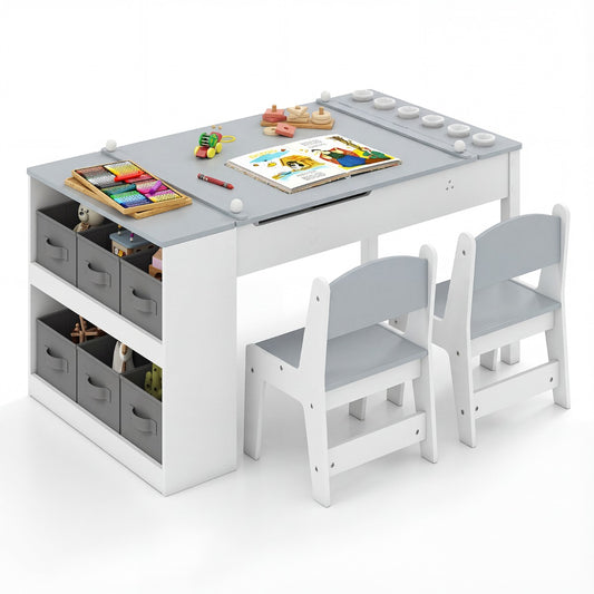 Livsk costway 2 in 1 kinder kunsttafel en ezeltje set met 2 stoelen multifunctionele houten kindertafel met verstelbaar tafelblad grijs
