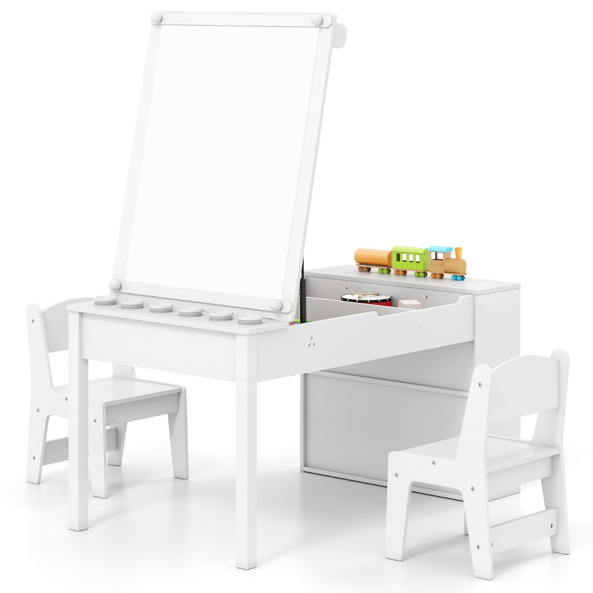 Livsk costway 2 in 1 kinder kunsttafel en ezeltje set met 2 stoelen multifunctionele houten kindertafel met verstelbaar tafelblad wit 1 1