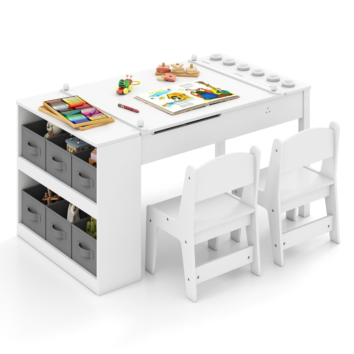 Livsk costway 2 in 1 kinder kunsttafel en ezeltje set met 2 stoelen multifunctionele houten kindertafel met verstelbaar tafelblad wit