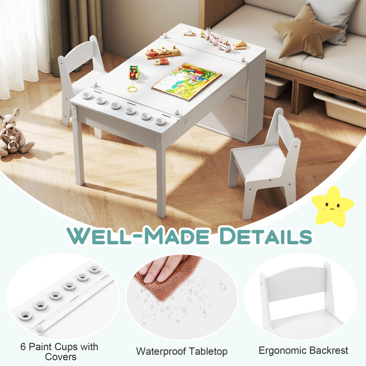 Livsk costway 2 in 1 kinder kunsttafel en ezeltje set met 2 stoelen multifunctionele houten kindertafel met verstelbaar tafelblad wit 3