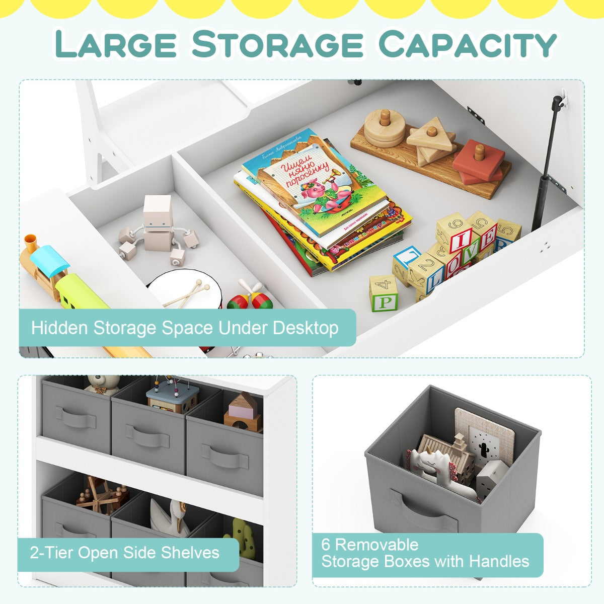 Livsk costway 2 in 1 kinder kunsttafel en ezeltje set met 2 stoelen multifunctionele houten kindertafel met verstelbaar tafelblad wit 5