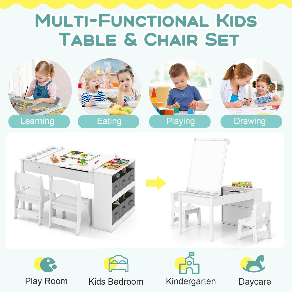 Livsk costway 2 in 1 kinder kunsttafel en ezeltje set met 2 stoelen multifunctionele houten kindertafel met verstelbaar tafelblad wit 6