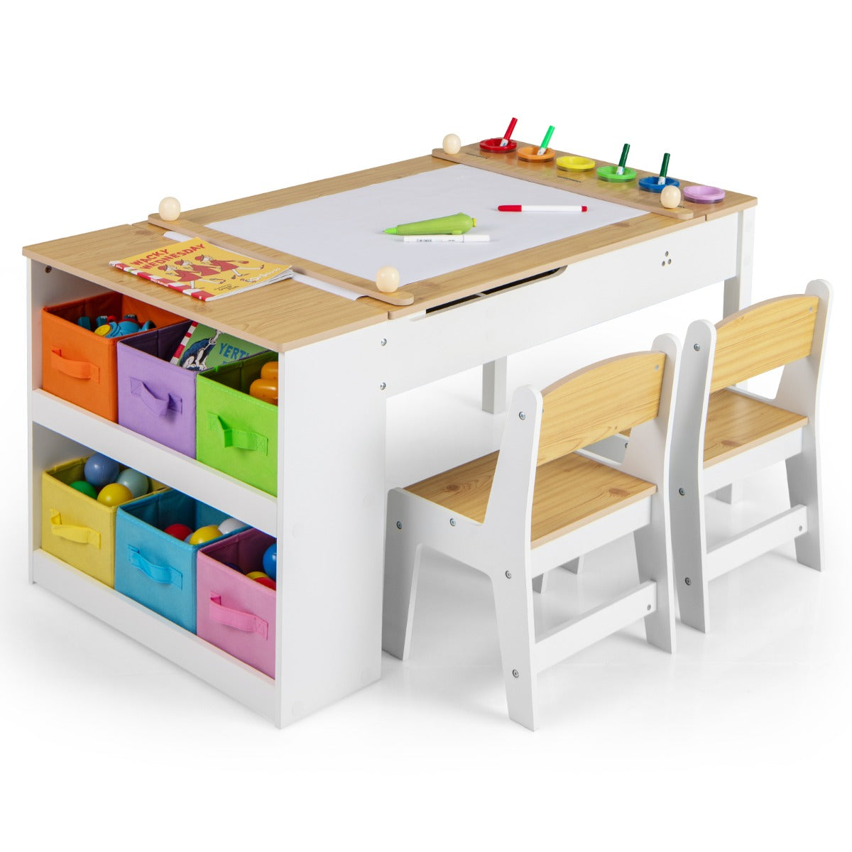 LIVSK 2-in-1 Kinder Kunsttafel en Ezelset - Verstelbaar met Opbergruimte en Ergonomische Stoelen - Voor Creatieve Kinderen - Wit