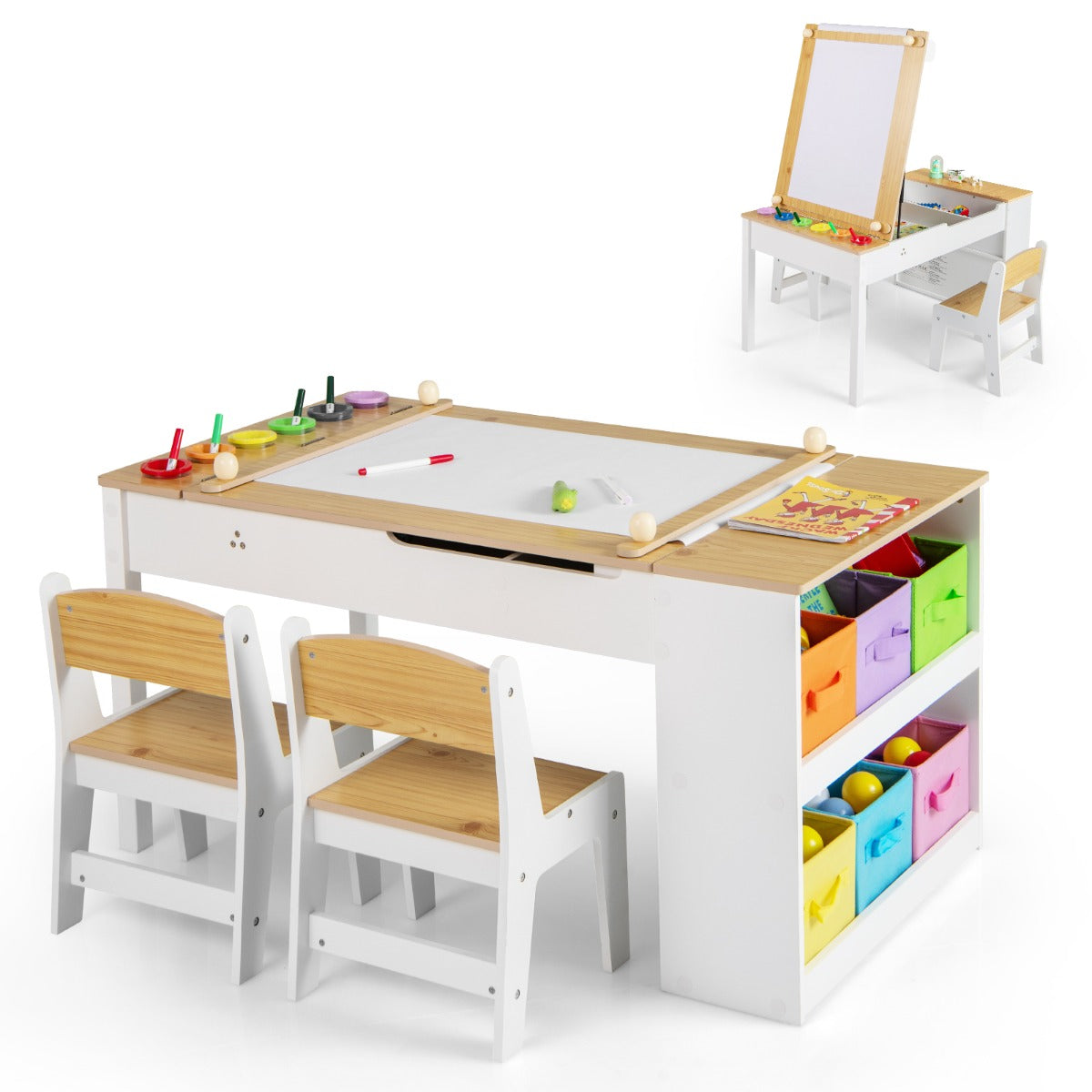 LIVSK 2-in-1 Kinder Kunsttafel en Ezelset - Verstelbaar met Opbergruimte en Ergonomische Stoelen - Voor Creatieve Kinderen - Wit