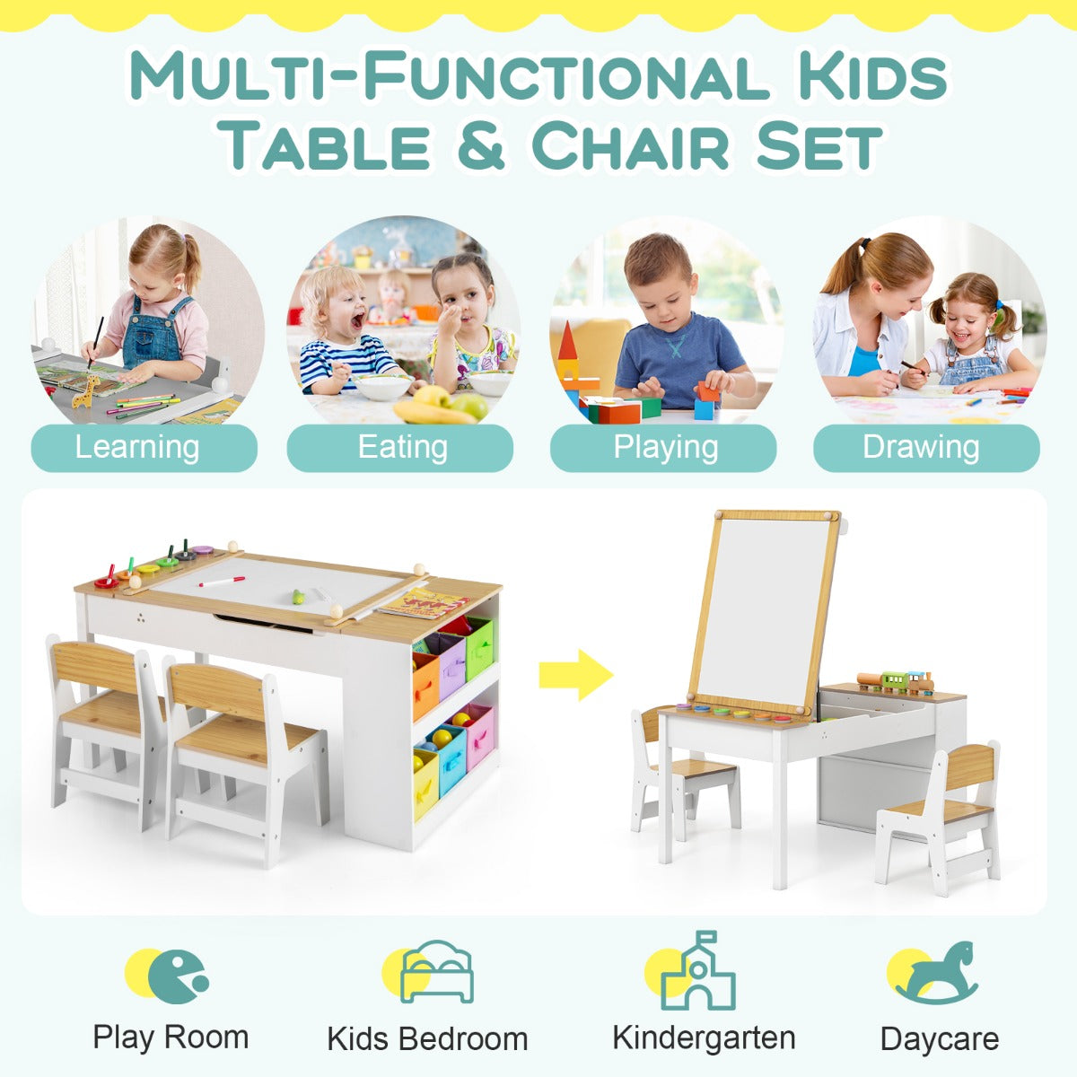 LIVSK 2-in-1 Kinder Kunsttafel en Ezelset - Verstelbaar met Opbergruimte en Ergonomische Stoelen - Voor Creatieve Kinderen - Wit