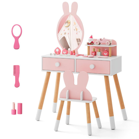 LIVSK Kinderschminktafel met Spiegel - 2 Lades - Opbergrek - Duurzaam MDF - Schattig Konijnendesign - Roze + Wit