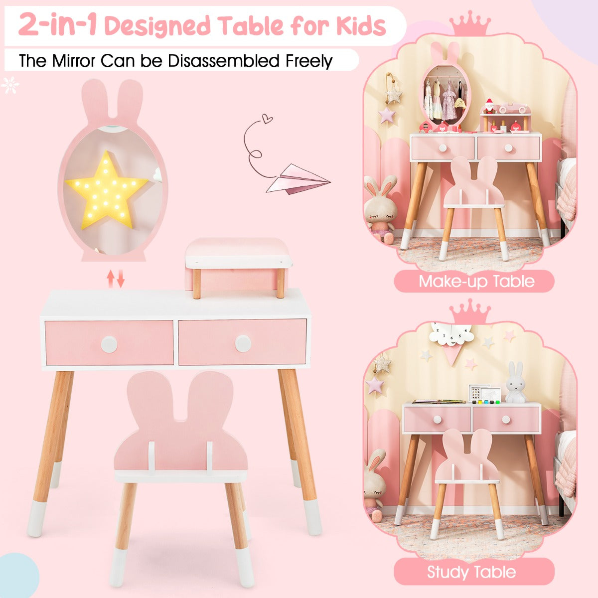 LIVSK Kinderschminktafel met Spiegel - 2 Lades - Opbergrek - Duurzaam MDF - Schattig Konijnendesign - Roze + Wit