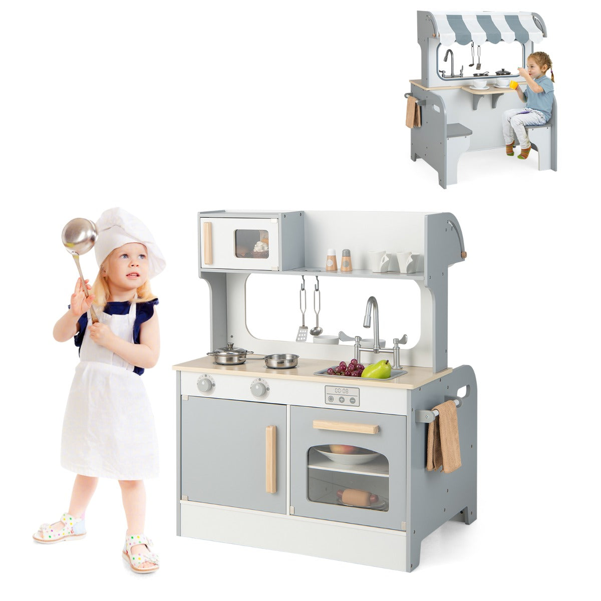Livsk costway 2 in 1 kinder speel keuken restaurant met tapkraan gootsteen fornuis oven opbergkast handdoek bar hangende haak eetplaats