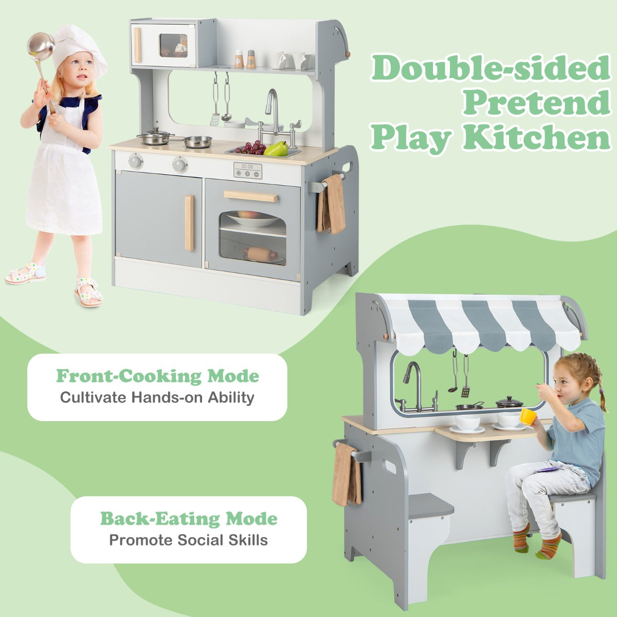 Livsk costway 2 in 1 kinder speel keuken restaurant met tapkraan gootsteen fornuis oven opbergkast handdoek bar hangende haak eetplaats 3