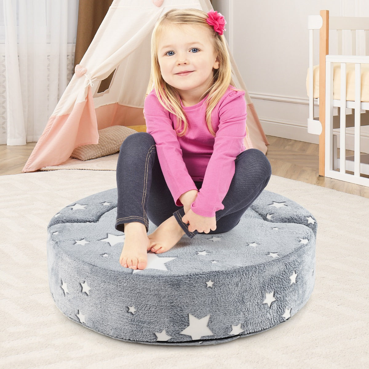 LIVSK 2-in-1 Kinderbank en Speelkussen - Lichtgevende Sterrenpatronen - Ergonomisch en Comfortabel - Voor Kinderen - Grijs/Blauw