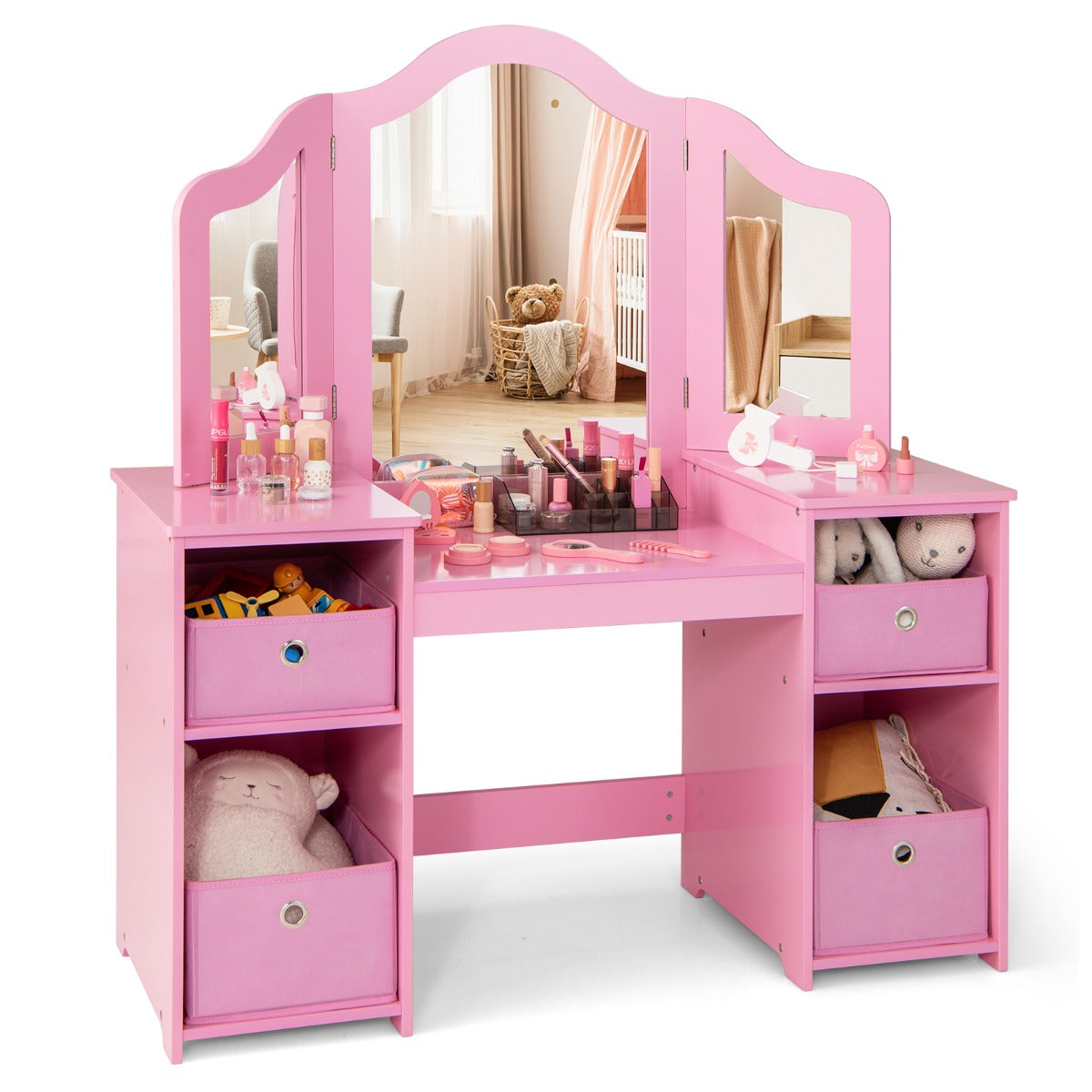 Livsk costway 2 in 1 kinderkaptafel met afneembare driewegspiegel make uptafel met 4 vakken en 4 stoffen opbergbakken roze