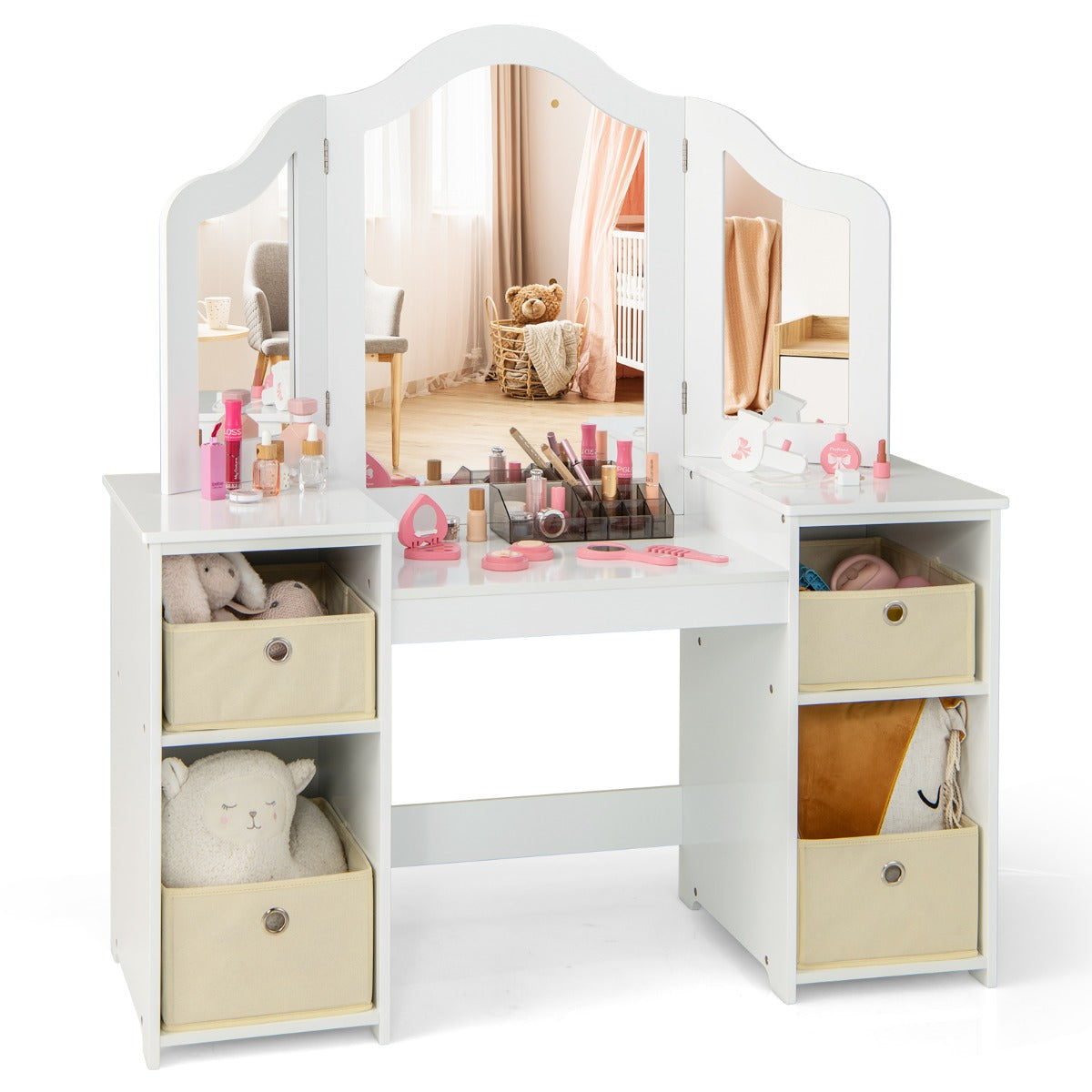 Livsk costway 2 in 1 kinderkaptafel met afneembare driewegspiegel make uptafel met 4 vakken en 4 stoffen opbergbakken wit