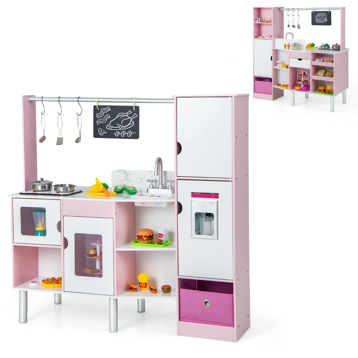 LIVSK 2-in-1 Kinderkeuken en Markt - Dubbelzijdig Design - Licht- en Geluidseffecten - Inclusief 82 Accessoires - Roze